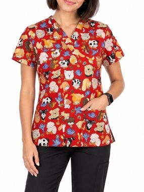 Peaches Red Dog Cat Animal Print 100% Cotton V-Neck Scrub Top SZ XS/S EUC